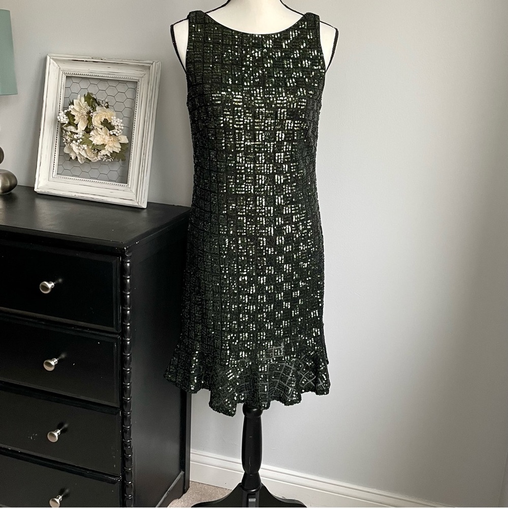 White House Black Market Deep Mineral Green
Sequin Flounce Hem Dress